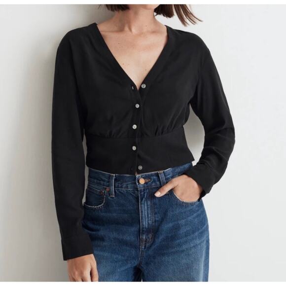 Madewell Black Lusterweave V-Neck Button Front Shirt NWT Size XXS - Picture 2 of 8